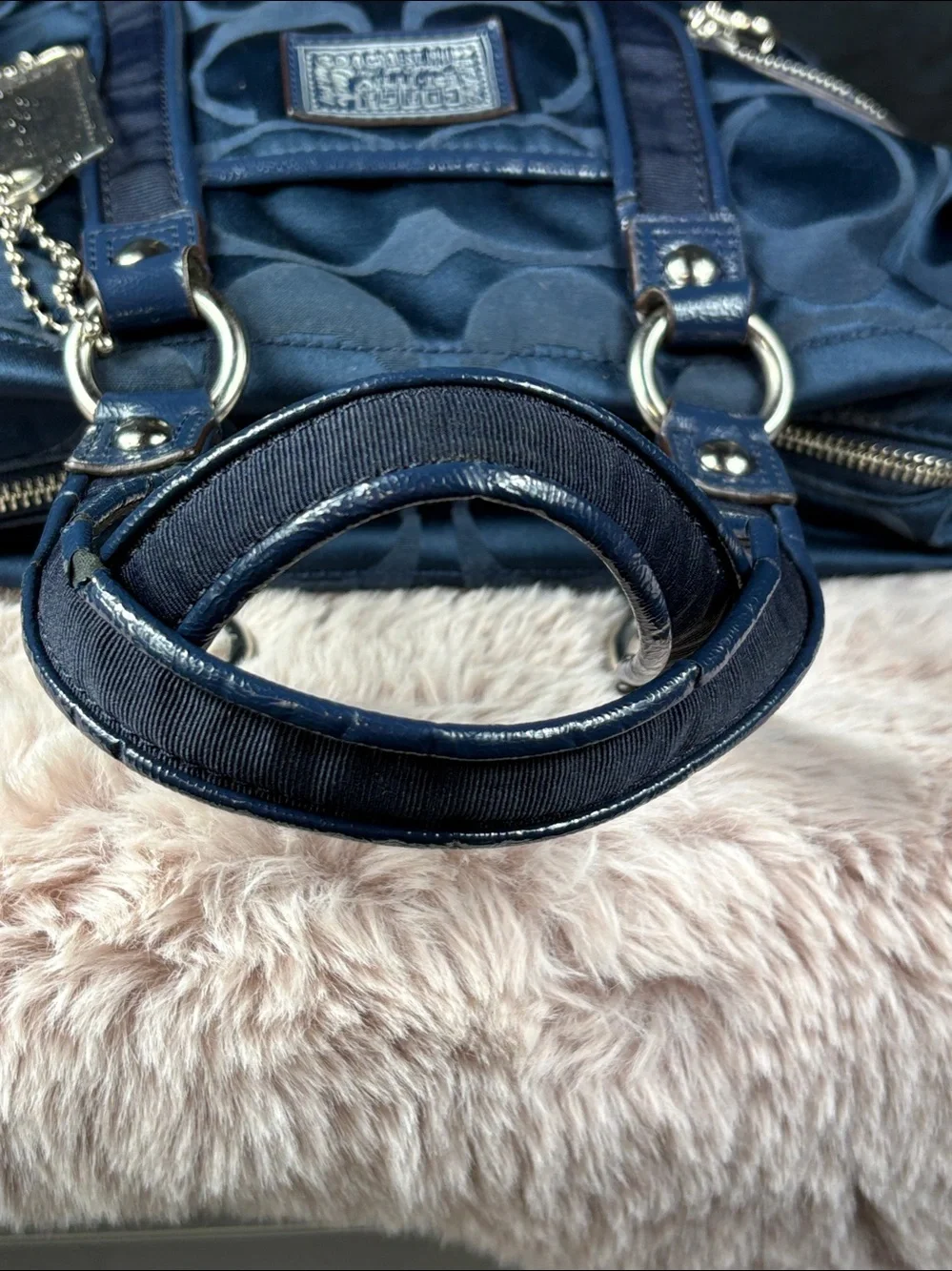 Coach Poppy Signature Sateen Daisy Tote Navy Blue Heart Zipper Charm With Dusty